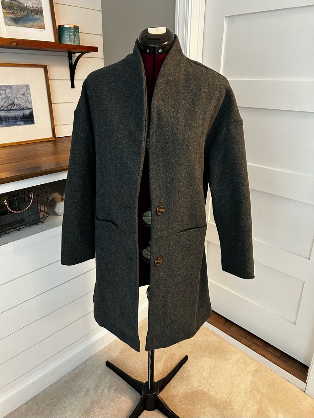 Old Navy Charcoal Green Pea Coat - Minimal Stand Collar